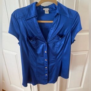 Cache Vibrant Blue Satin Button-Up Blouse